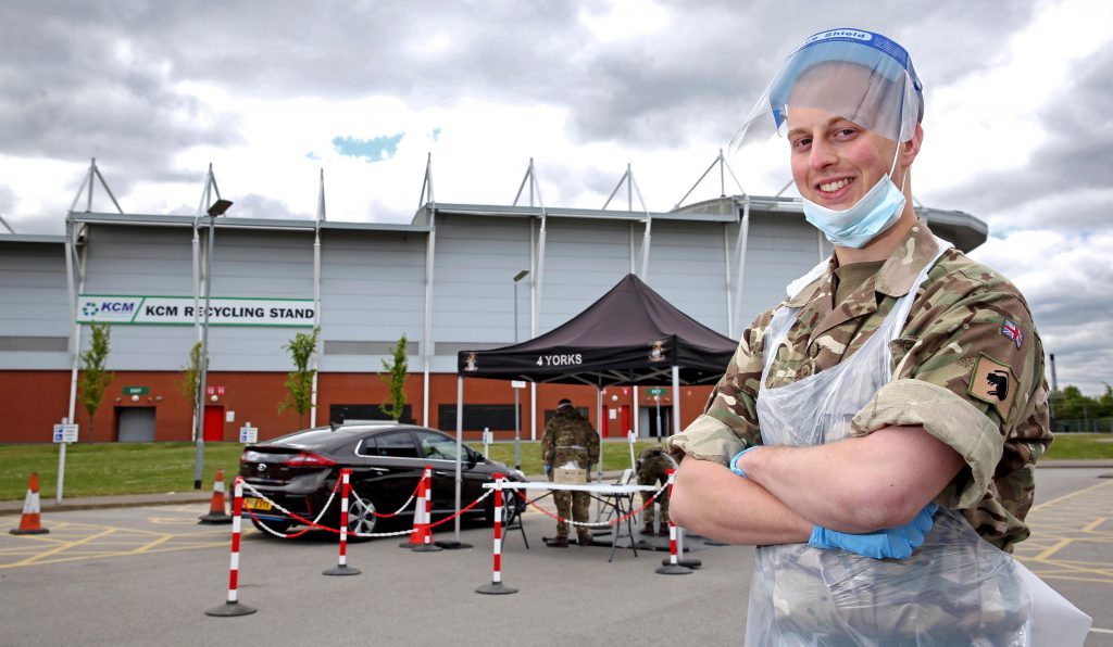 Reserve in personal protective equipment at covid-testing centre in Yorkshire.